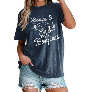 Booze And Bonfires Outdoors Retro Navy Graphic Tee